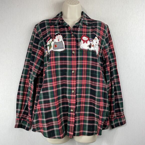 Vintage Victoria Jones Flannel Plaid Shirt Size Medium Snowmen Christmas Winter - Picture 1 of 11
